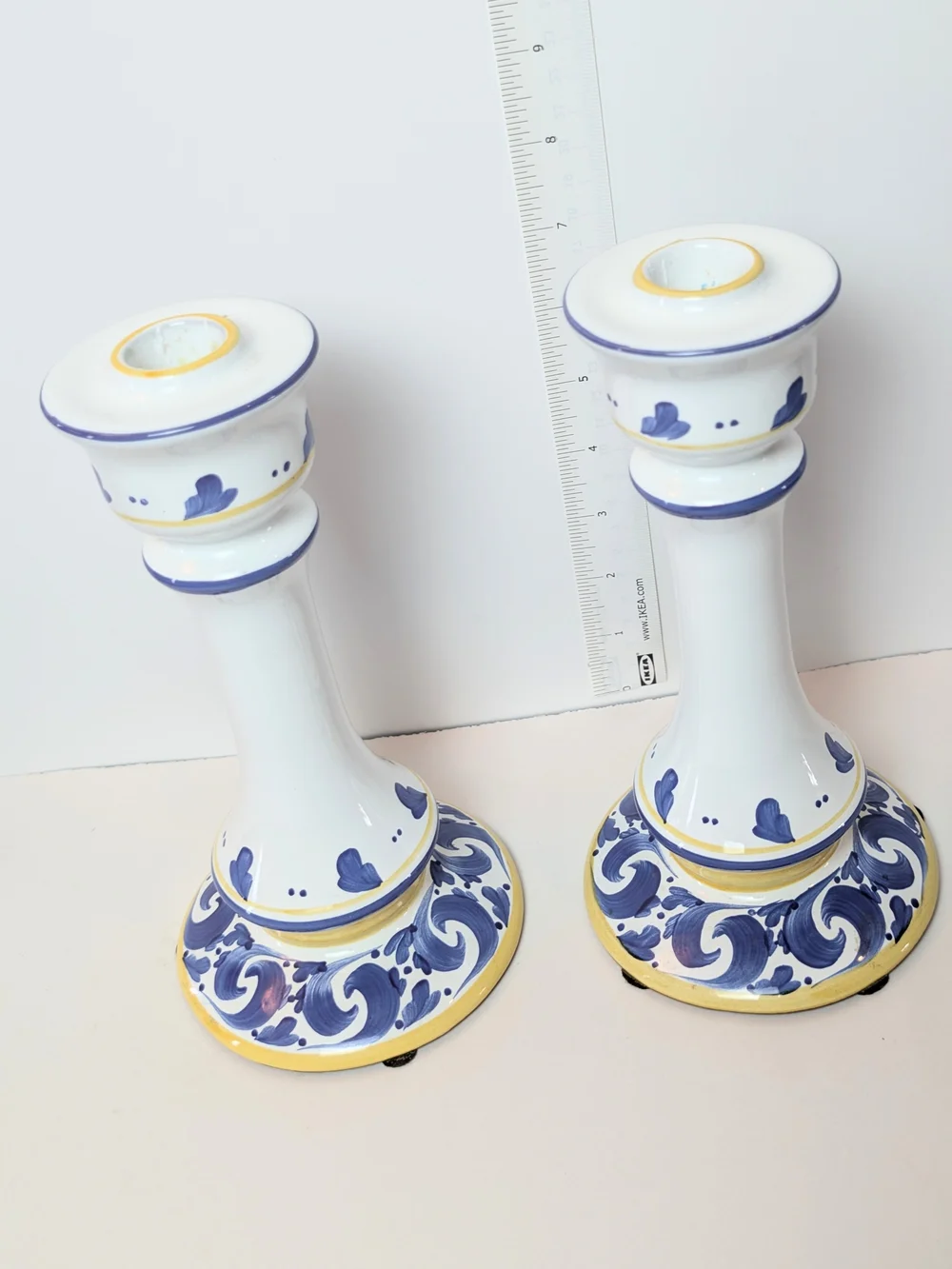 Herend‎ White Ceramic Candle Holders with Blue and Yellow Accents - Pair